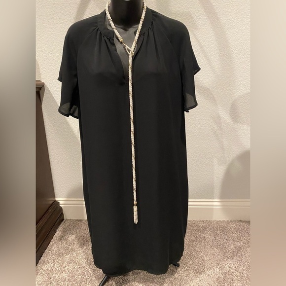 Gap Black flutter sleeve sheath dress, sheer w/liner, sz Small split v-neck neck - Picture 3 of 9